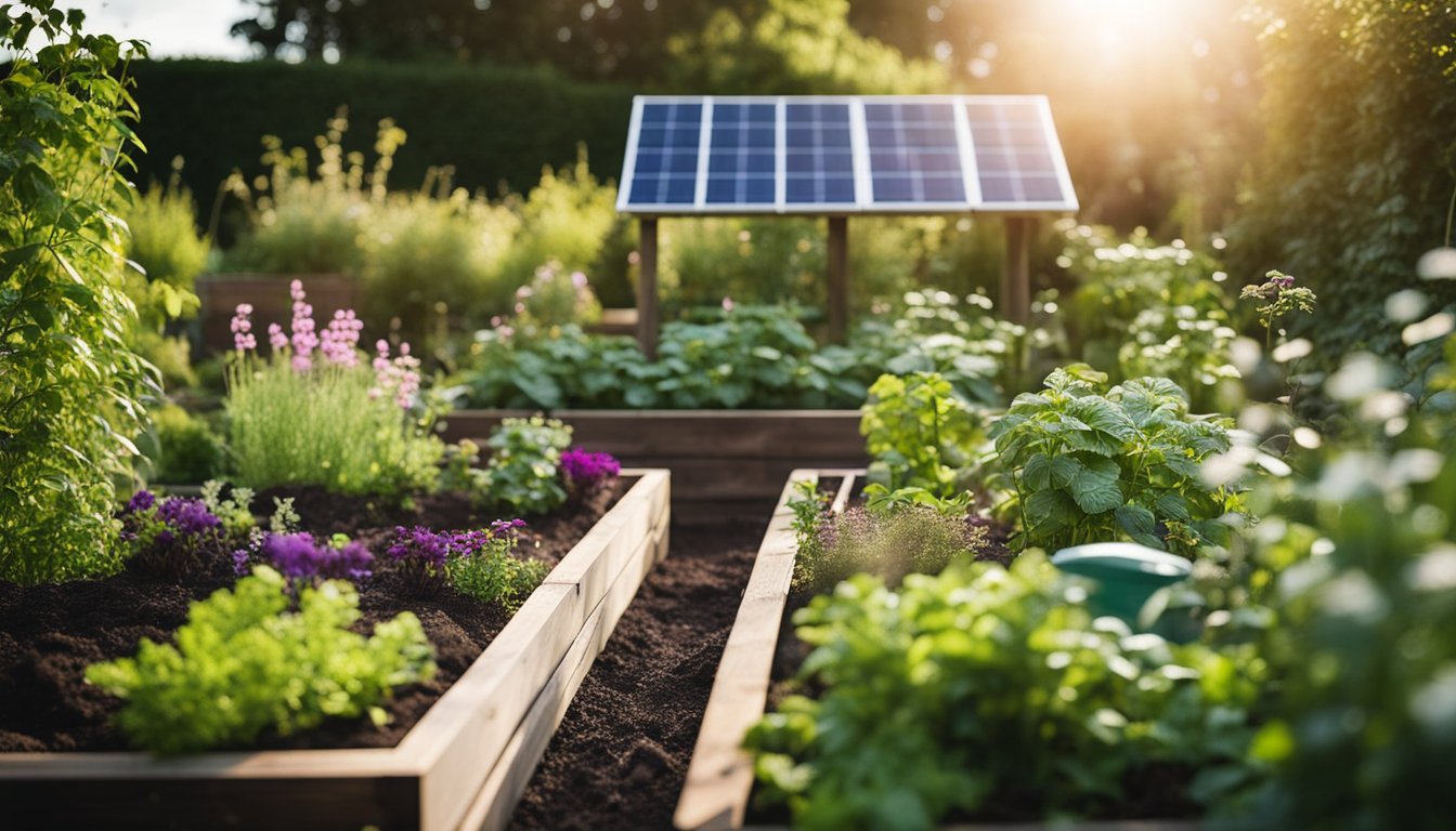 A lush garden with native UK plants, rainwater collection system, compost bins, and solar-powered lighting. Raised beds for vegetables and a wildlife-friendly area