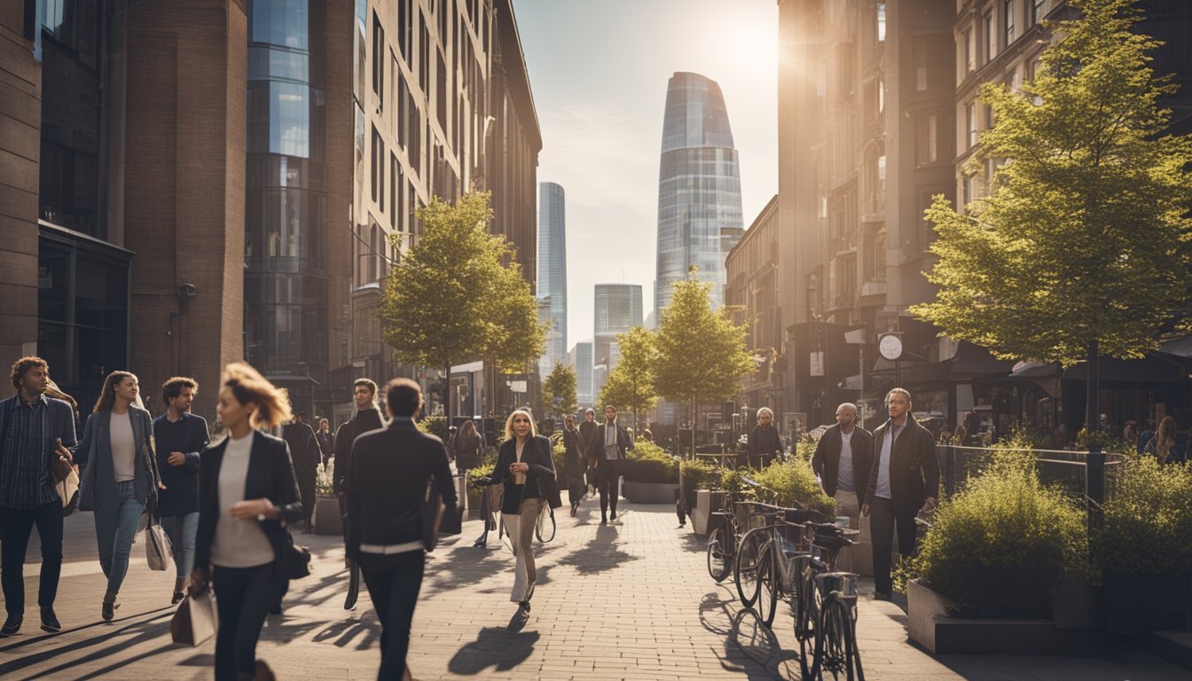 A bustling city street with diverse buildings, some with solar panels and wind turbines. People walk by, reading signs for sustainable energy providers