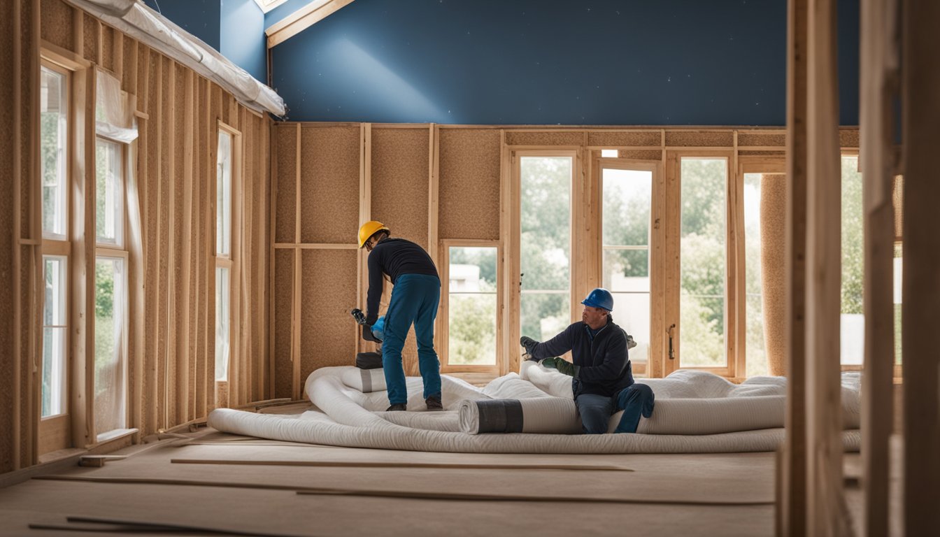 A house being wrapped in a thick blanket of insulation, with energy-efficient materials being installed to reduce heat loss and lower energy bills