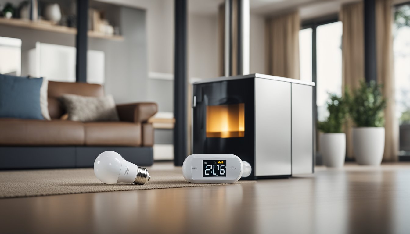 A cozy living room with LED bulbs, smart thermostat, and draft stoppers on windows and doors. Energy-efficient appliances and a recycling bin are visible