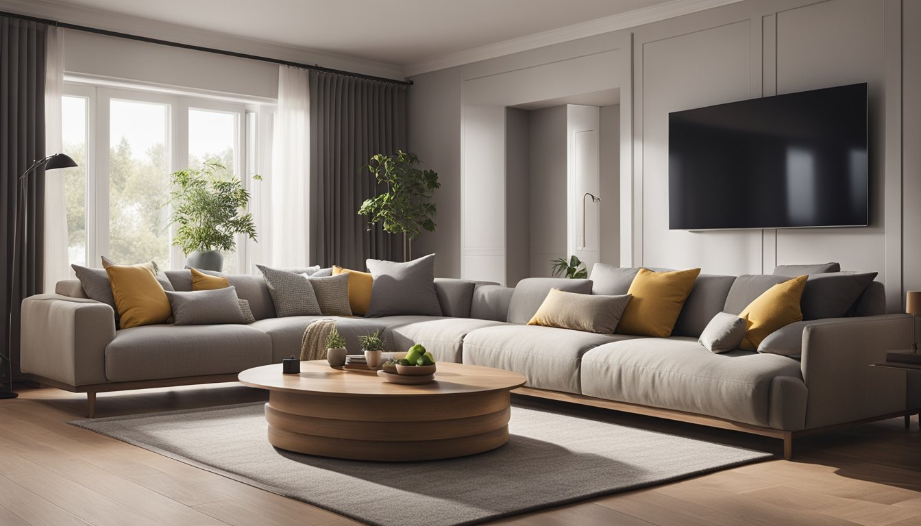 A cozy living room with energy-efficient lighting, smart thermostat, and insulated windows. A renter turns off unused appliances and uses draft excluders on doors