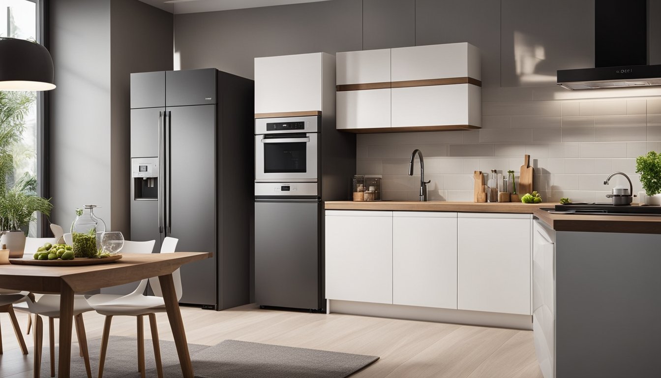 A modern kitchen with energy-efficient appliances: fridge, dishwasher, and washing machine. LED lighting and smart thermostat