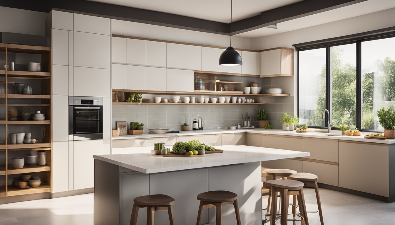 A modern kitchen with energy-efficient appliances neatly arranged on countertops and shelves. A bright, eco-friendly atmosphere with natural light streaming in through the windows