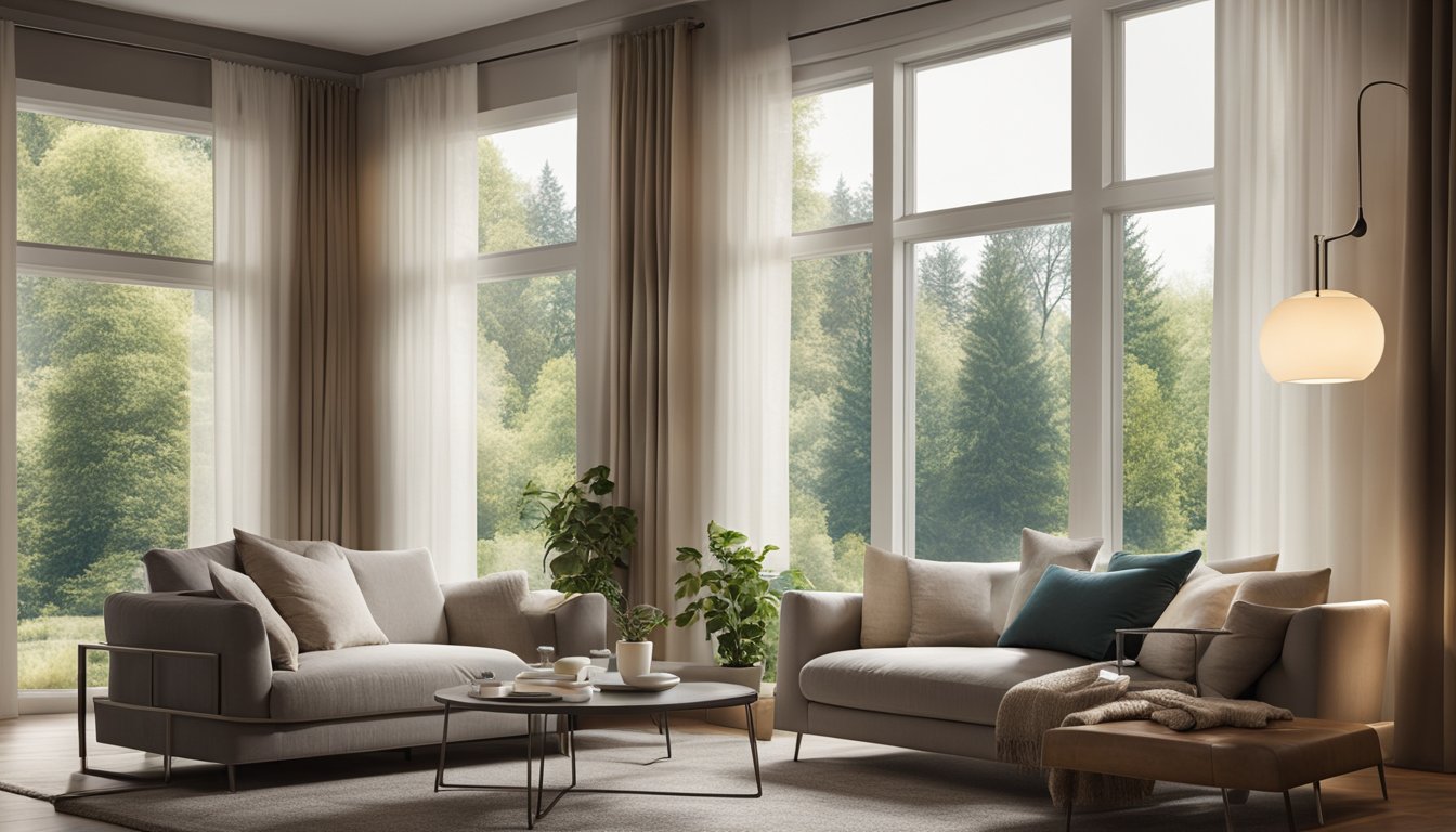 A cozy living room with insulated windows, a programmable thermostat, and energy-efficient lighting. Curtains are drawn to keep heat in