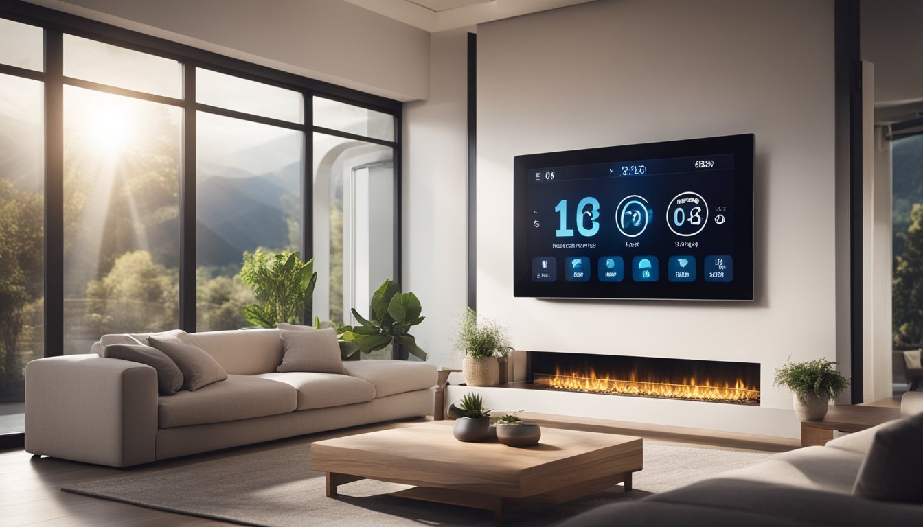 A cozy living room with a smart thermostat controlling the temperature, energy-efficient LED lighting, and insulated windows to reduce energy bills