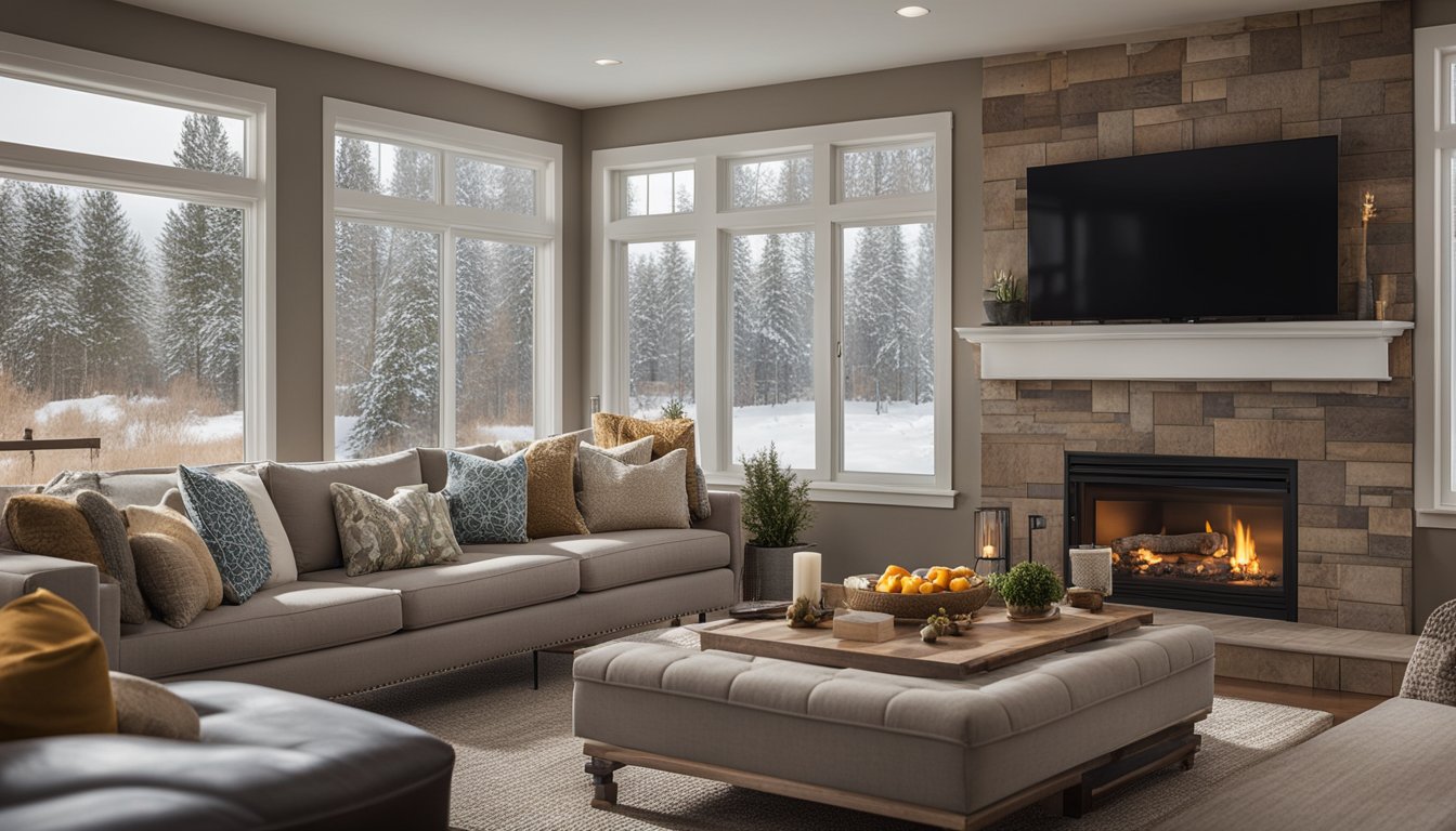 A cozy living room with a crackling fireplace, insulated windows, and a programmable thermostat set to a lower temperature. LED light bulbs illuminate the space, and energy-efficient appliances hum in the background