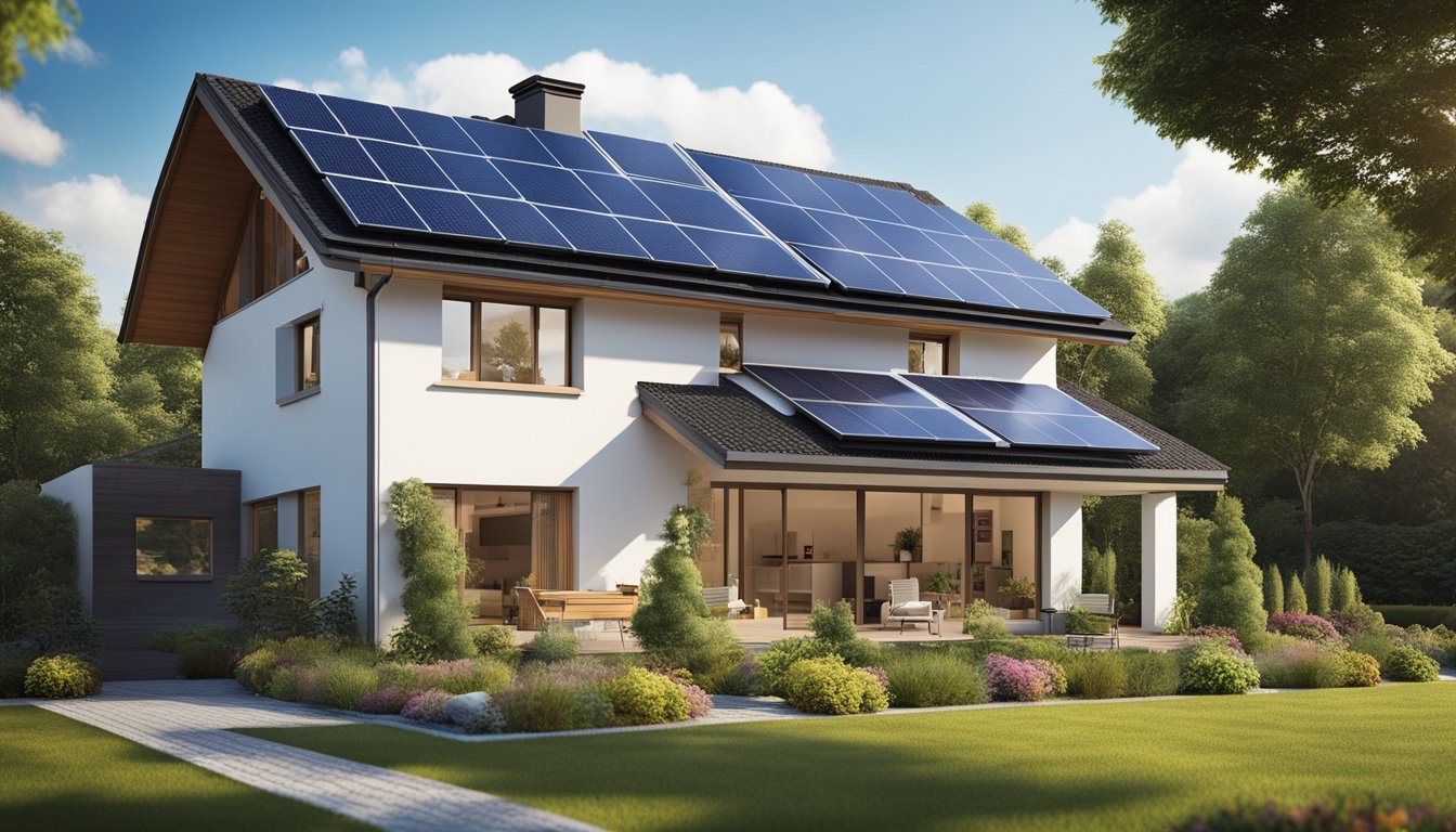 A cozy home with energy-efficient appliances, LED lighting, and insulated windows. Solar panels on the roof, a smart thermostat, and a lush garden with rainwater collection