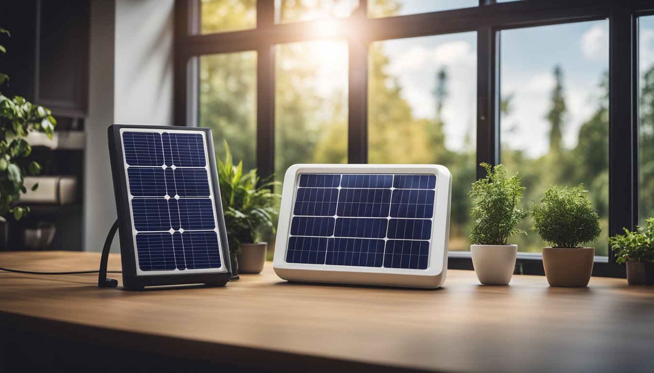 A cozy home with efficient appliances, LED lighting, and insulated windows. Solar panels on the roof and a smart thermostat control energy usage