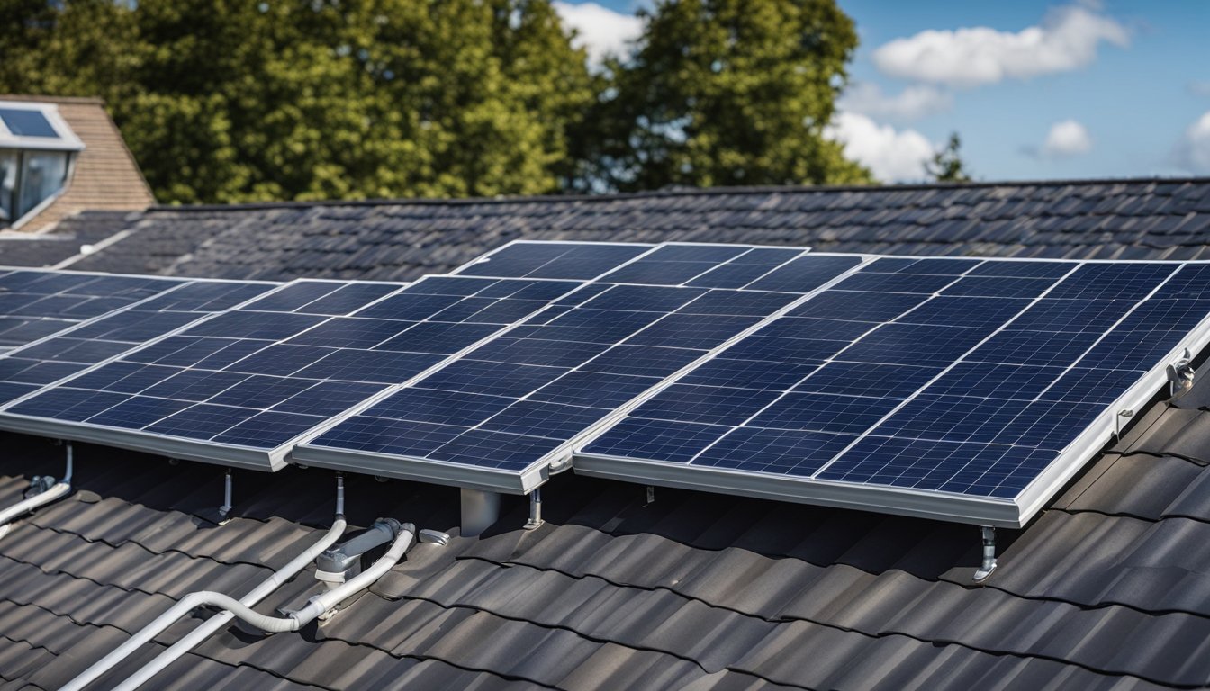 Solar panels installed on rooftops, connected to heat pumps inside UK homes, providing renewable energy and efficient heating