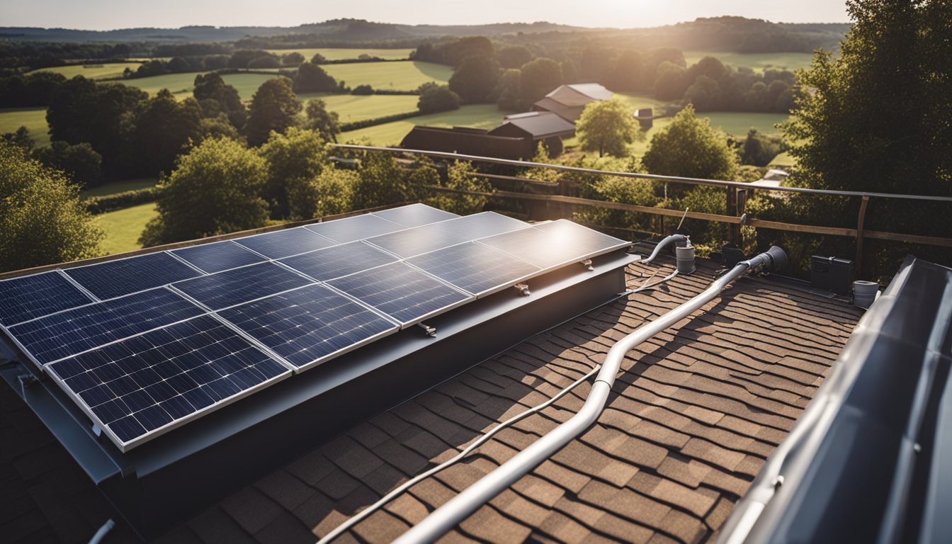 A sunny rooftop with solar panels connected to a heat pump system on a UK home, generating renewable energy for heating and cooling