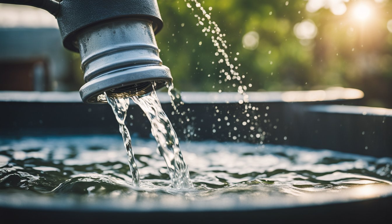 Rainwater flows from roof to collection barrels. Barrels connect to irrigation system and indoor plumbing. Plants thrive, and faucets flow with sustainable water