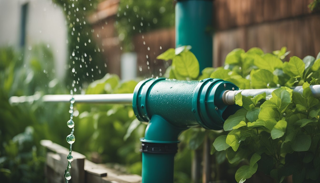 A rain barrel collects water from a downspout. A hose connects the barrel to a drip irrigation system in a garden