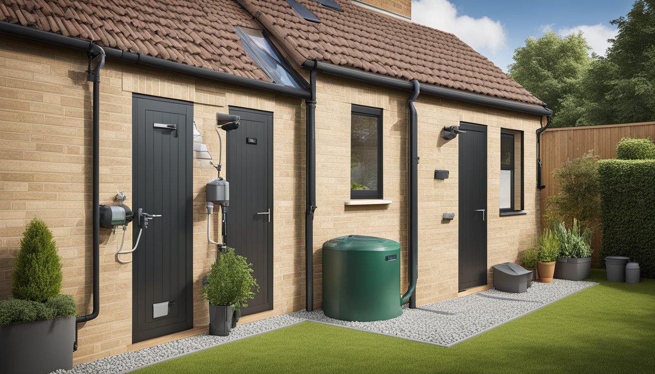 Rainwater collection system attached to a UK home, with gutters directing water into storage tanks. Various innovative uses depicted, such as watering plants and flushing toilets