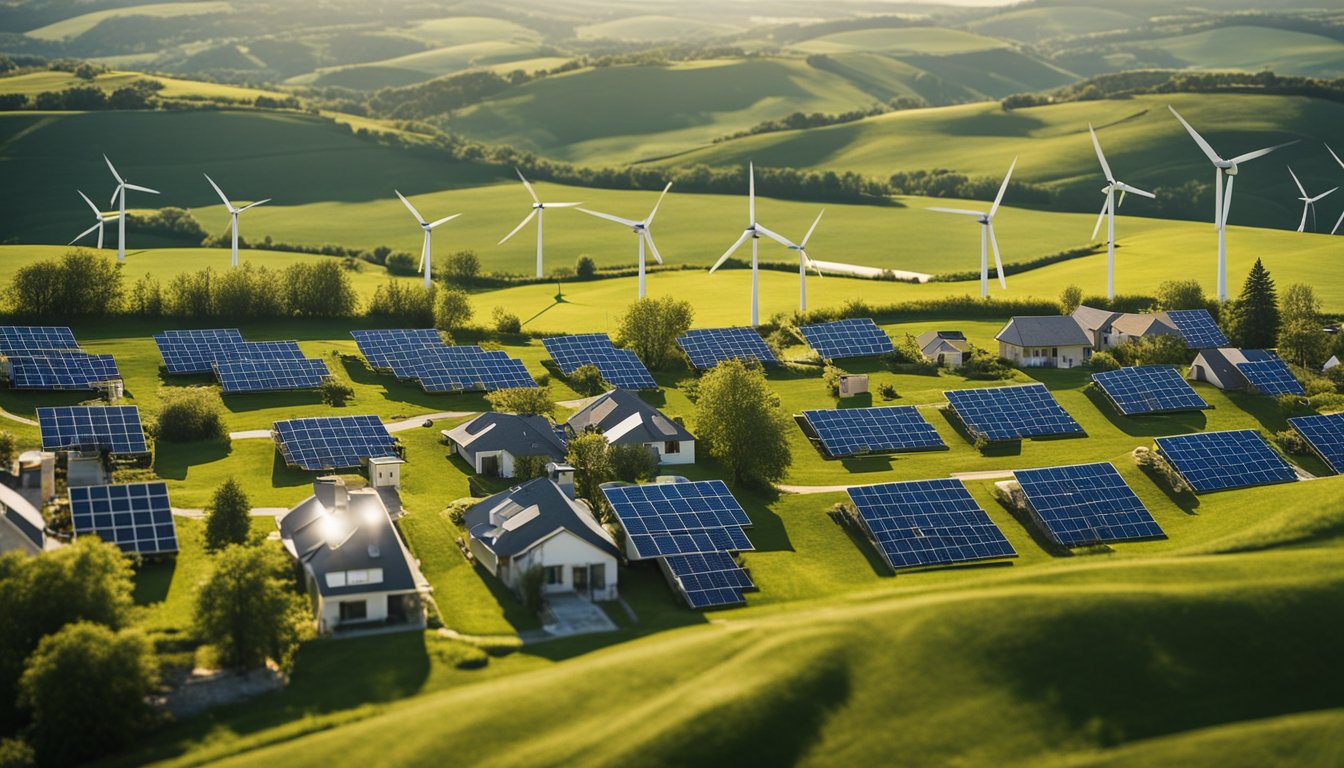 A sunny countryside landscape with solar panels and wind turbines, surrounded by happy, eco-friendly homes and businesses