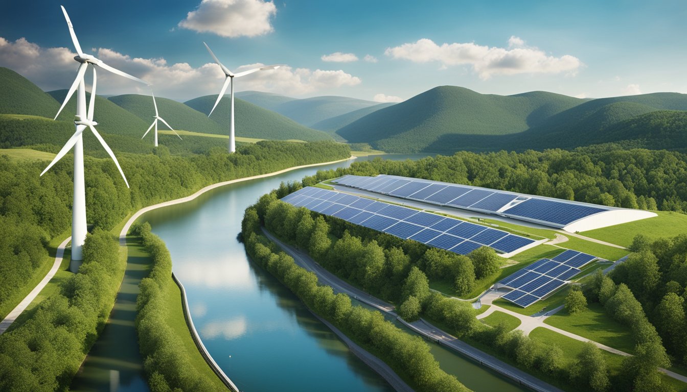 A landscape with wind turbines, solar panels, and hydroelectric dams, surrounded by greenery. A government logo and a symbol of financial incentives are visible