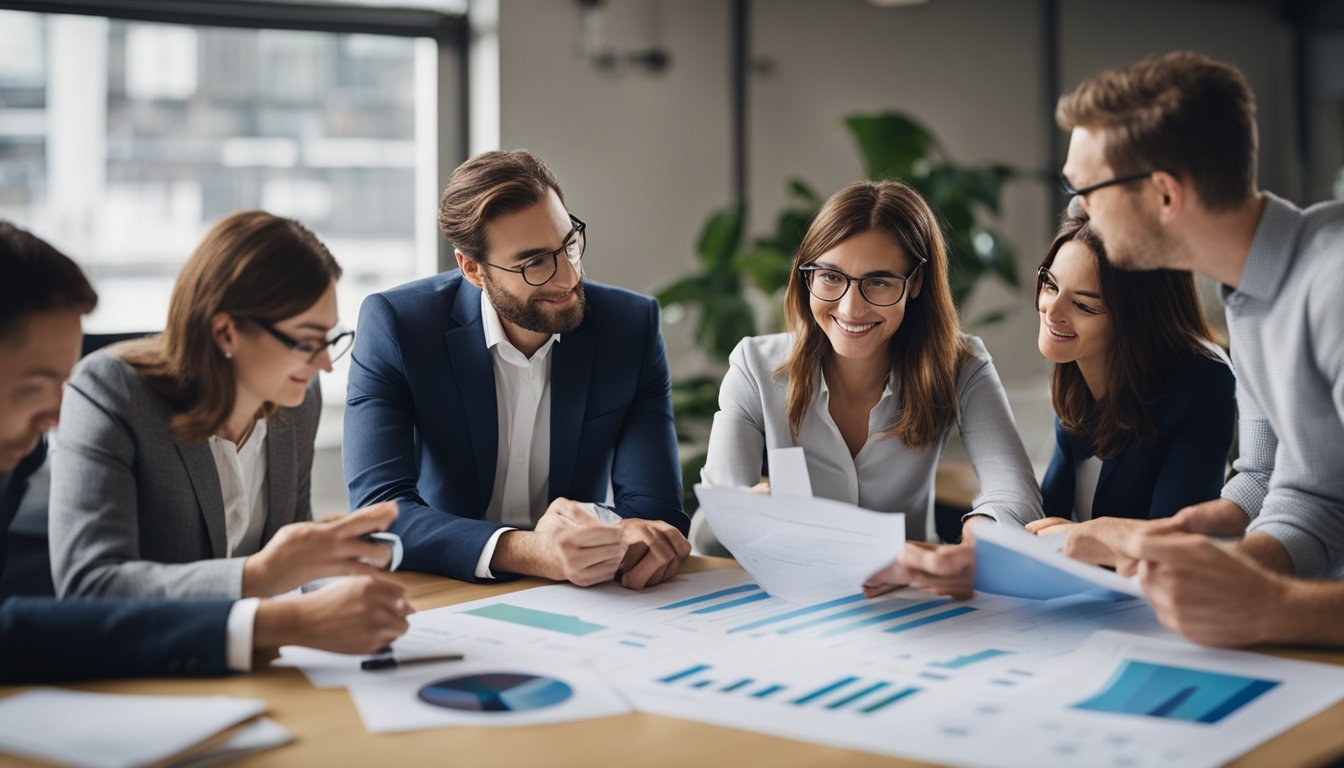 A group of people researching and discussing UK government incentives for renewable energy adoption, with charts and graphs on a table