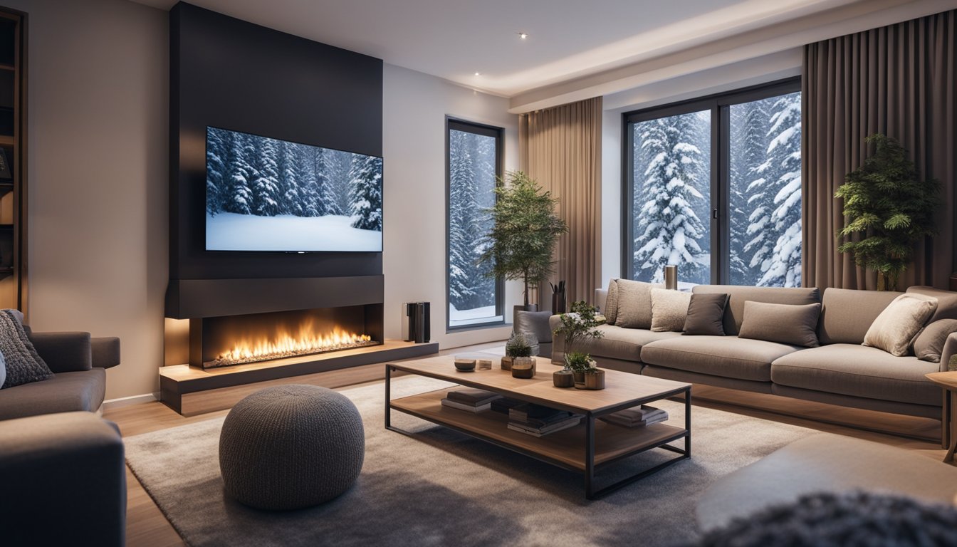 A cozy living room with a smart heating control panel on the wall, adjusting the temperature for maximum comfort. Outside, snow falls softly, while inside, the room remains warm and inviting