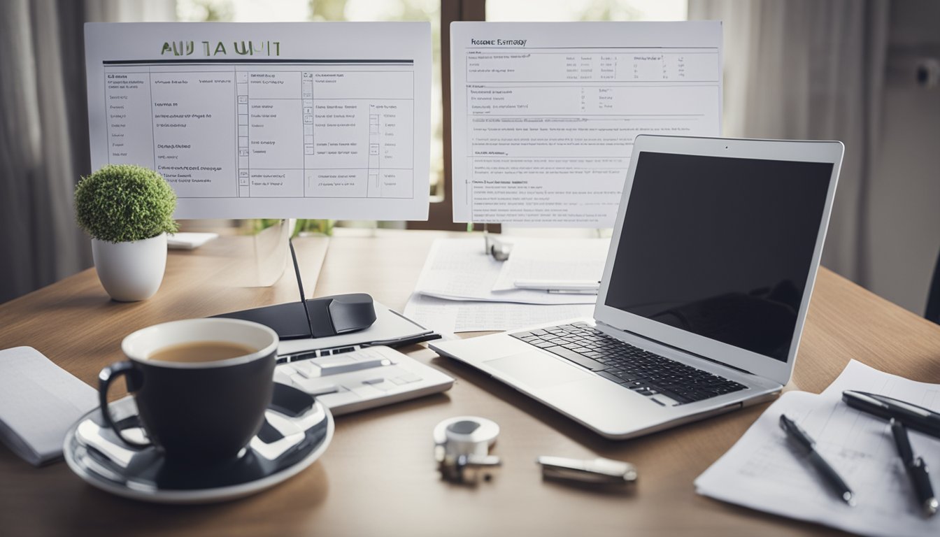 A table with a laptop, pen, and paper. A checklist titled "Home Energy Audit" with categories like insulation, appliances, and lighting. A house floor plan in the background