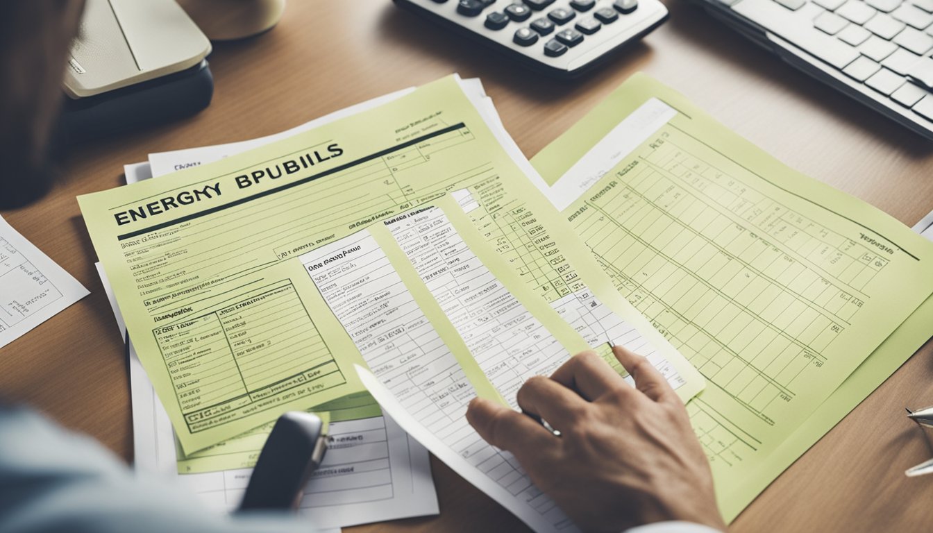 A person studying energy bills with a checklist, highlighting cost-saving opportunities