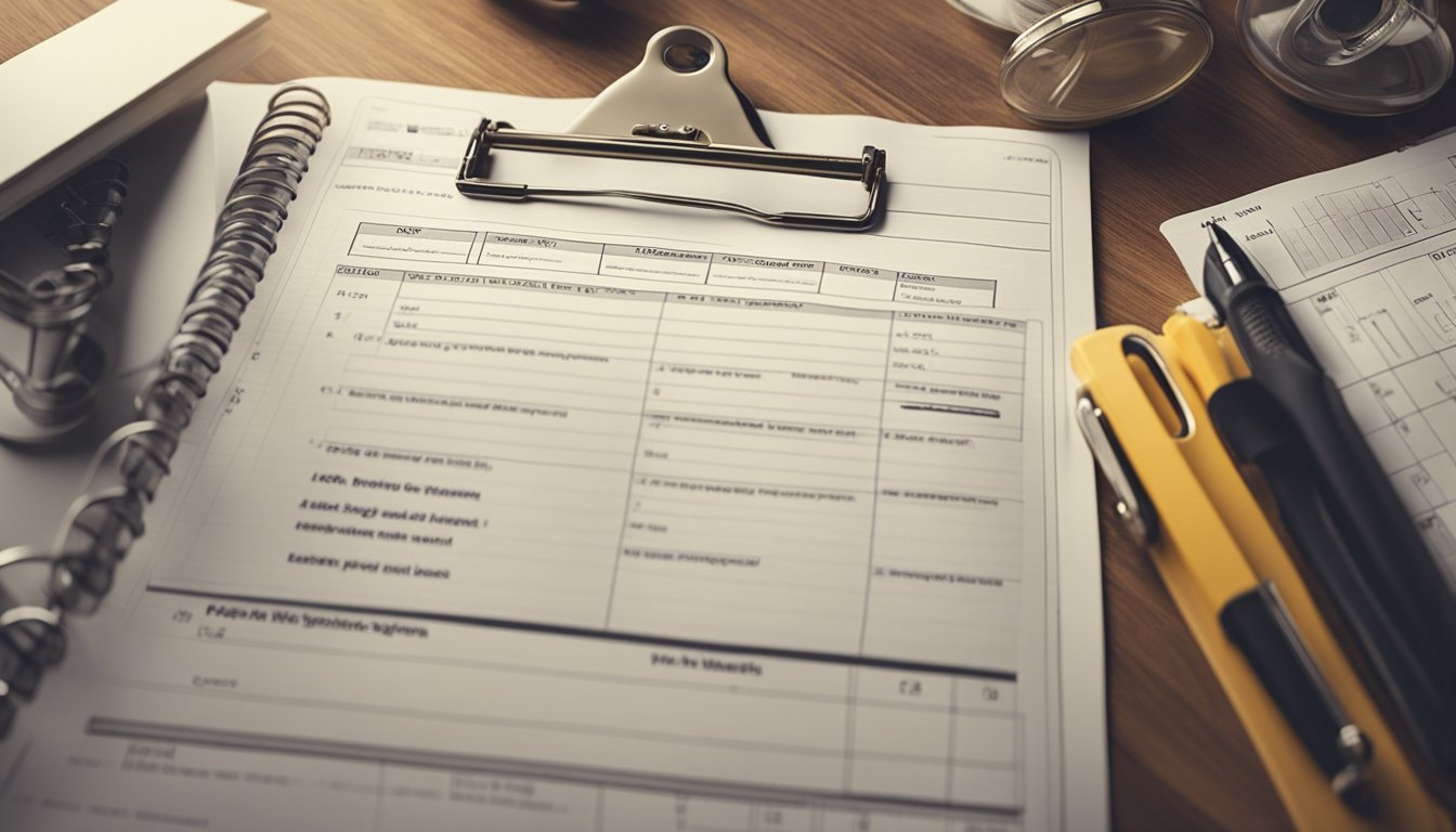 A clipboard with a checklist, a pencil, a ruler, and various household items like light bulbs, windows, and appliances