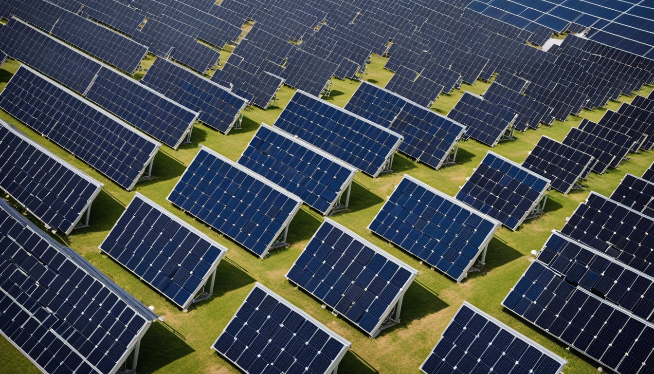 Solar panels and wind turbines store energy in batteries. A grid connects to homes and businesses. Energy flows from storage to power devices