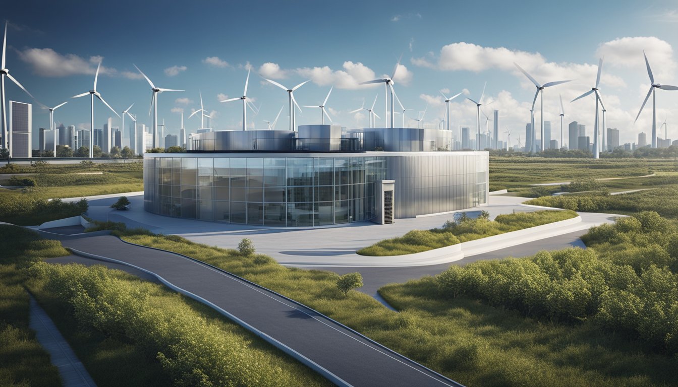 A futuristic energy storage facility with solar panels and wind turbines, seamlessly integrated into a sleek urban grid