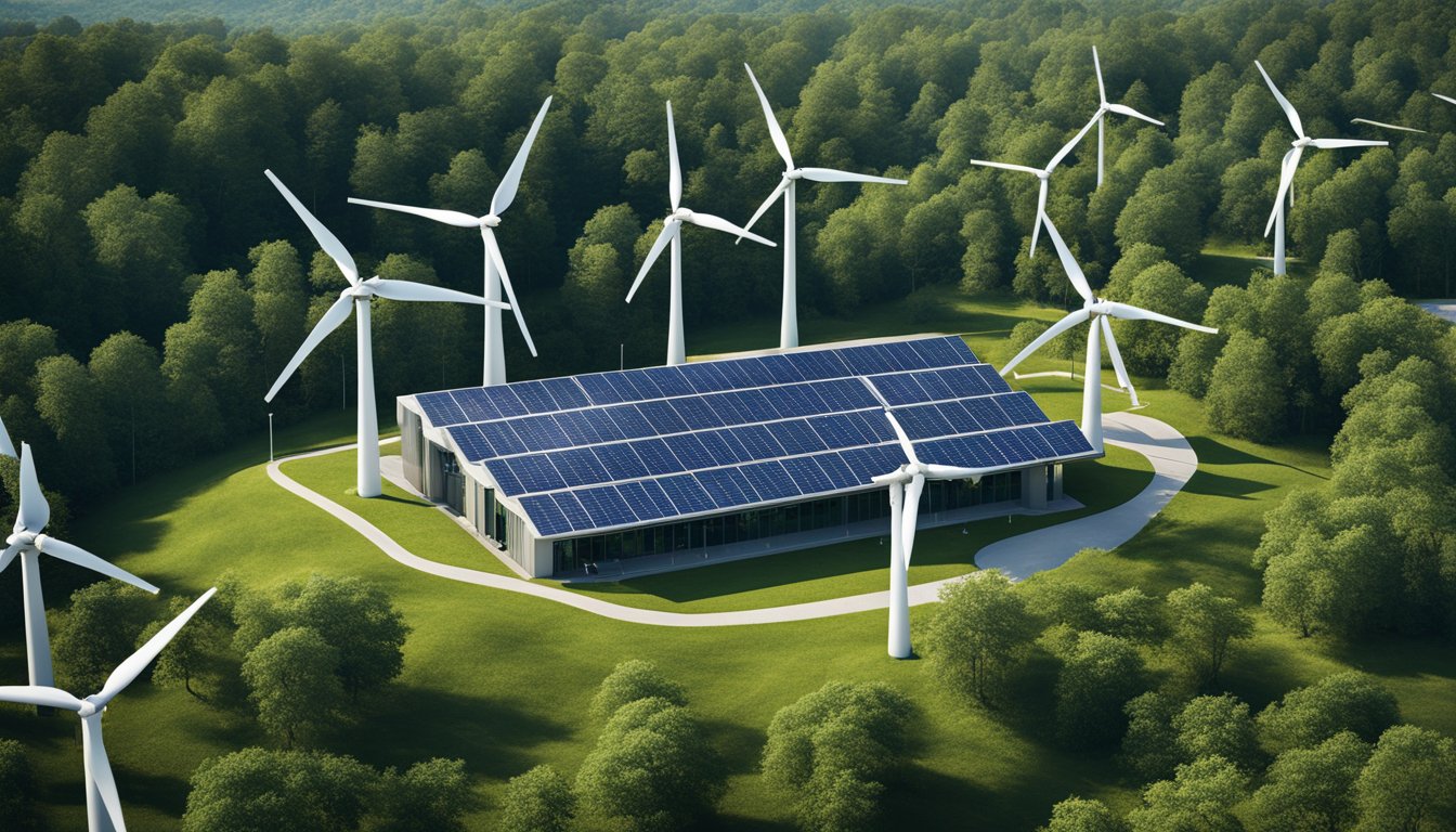 A bright, modern energy storage facility with solar panels and wind turbines, surrounded by lush greenery and a clear blue sky