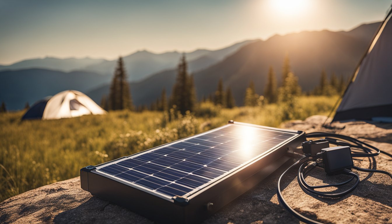 A solar panel sits on a flat surface, connected to a battery and a USB port. The sun shines down on the panel, casting a warm glow over the surrounding camping gear