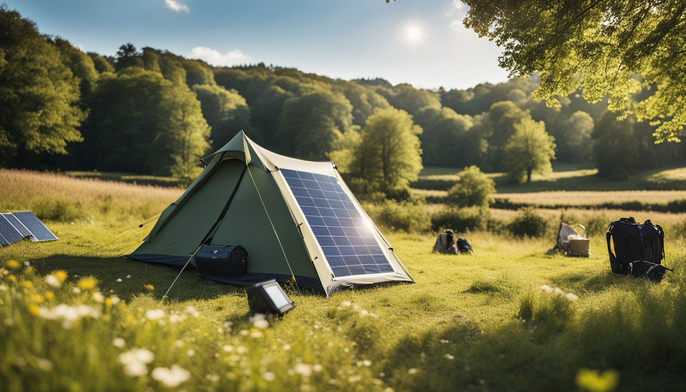 A sunny day in the UK countryside. A tent set up with solar panels. A DIY solar charger connected to devices. Outdoor gear scattered around