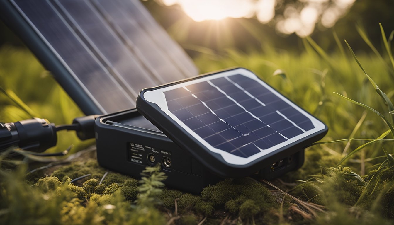 A person assembles solar panels on a portable charger in a lush camping setting in the UK. The charger is connected to a battery and electronic devices