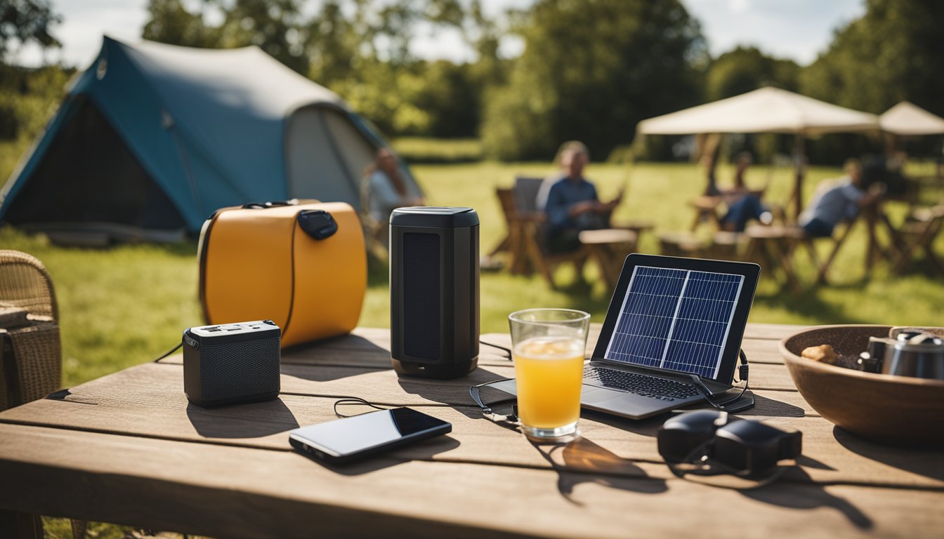 A sunny campsite in the UK with a solar panel set up on a table, connecting to electronic devices like a phone and a portable speaker