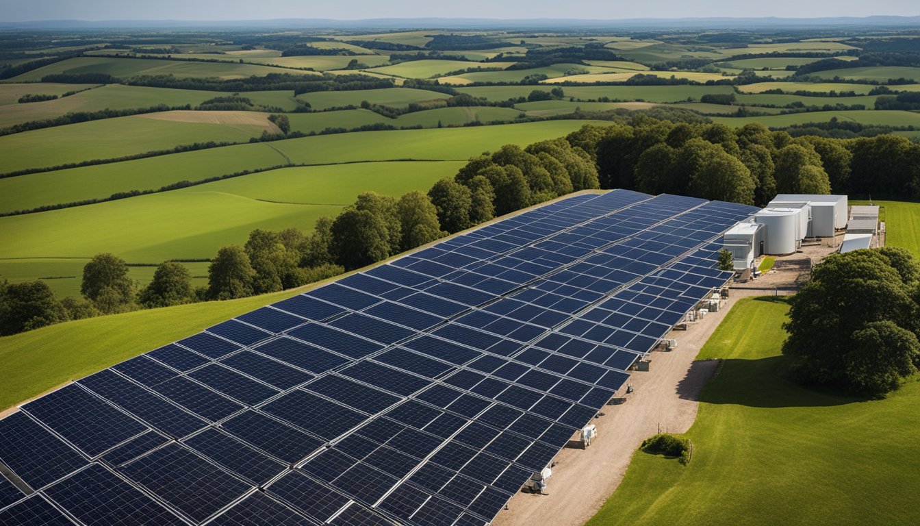 A row of solar panels connected to a large battery storage system, set against a backdrop of the UK countryside