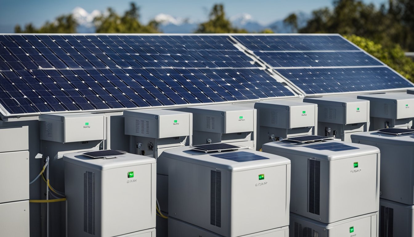 A solar battery storage system is connected to a house, storing excess energy from solar panels. The system is efficiently managing energy usage, reducing reliance on the grid