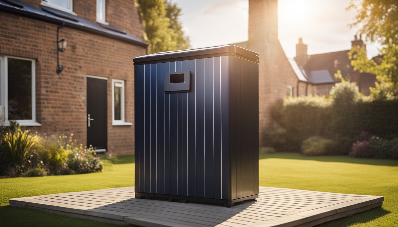 A solar battery storage unit stands next to a British home, with the sun shining down and powering the unit, symbolizing energy independence in the UK