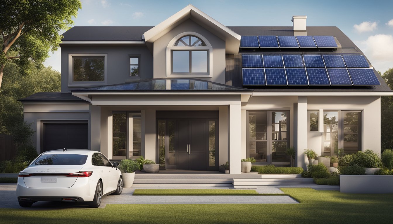 A modern home with solar panels on the roof, smart thermostats, and energy-efficient appliances. A digital display shows real-time energy usage and savings