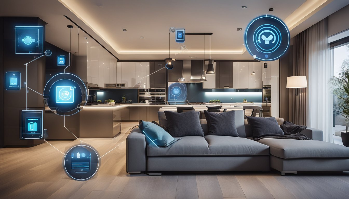 A modern home with smart devices connected to a central energy management system, controlling lighting, heating, and appliances