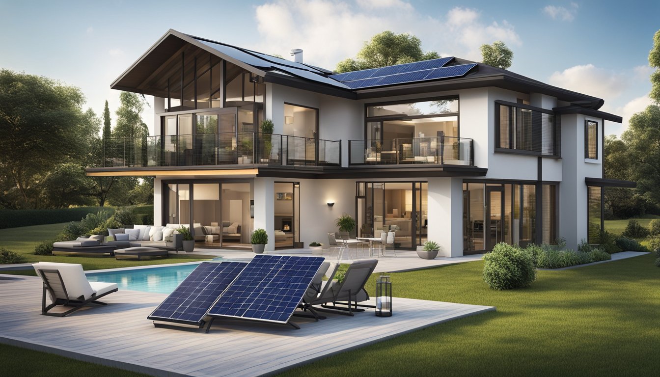 A modern home with various energy-saving devices and smart technology, such as solar panels, smart thermostats, and energy-efficient appliances