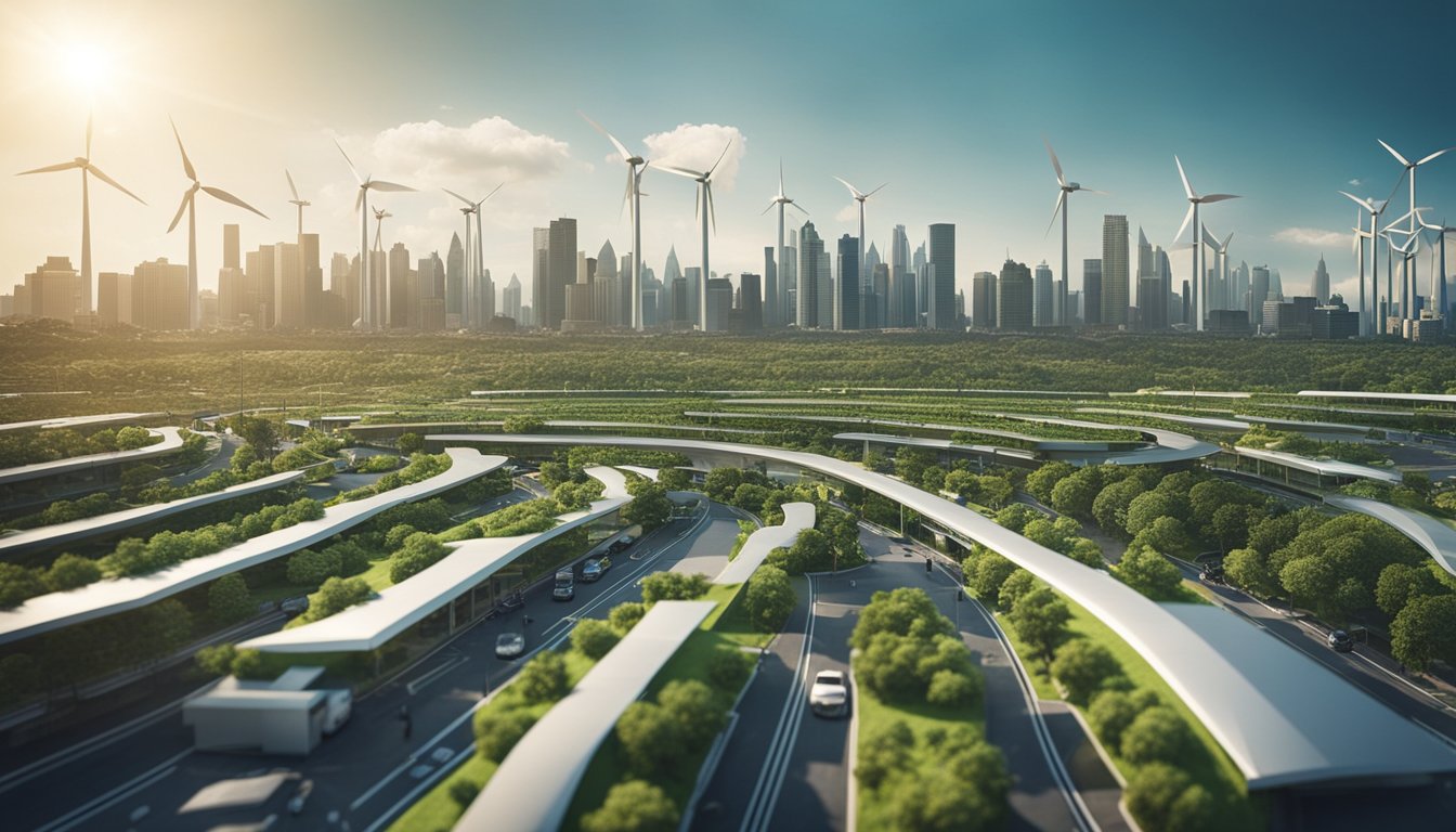 A city skyline with green rooftops, solar panels, wind turbines, and electric vehicles on the streets