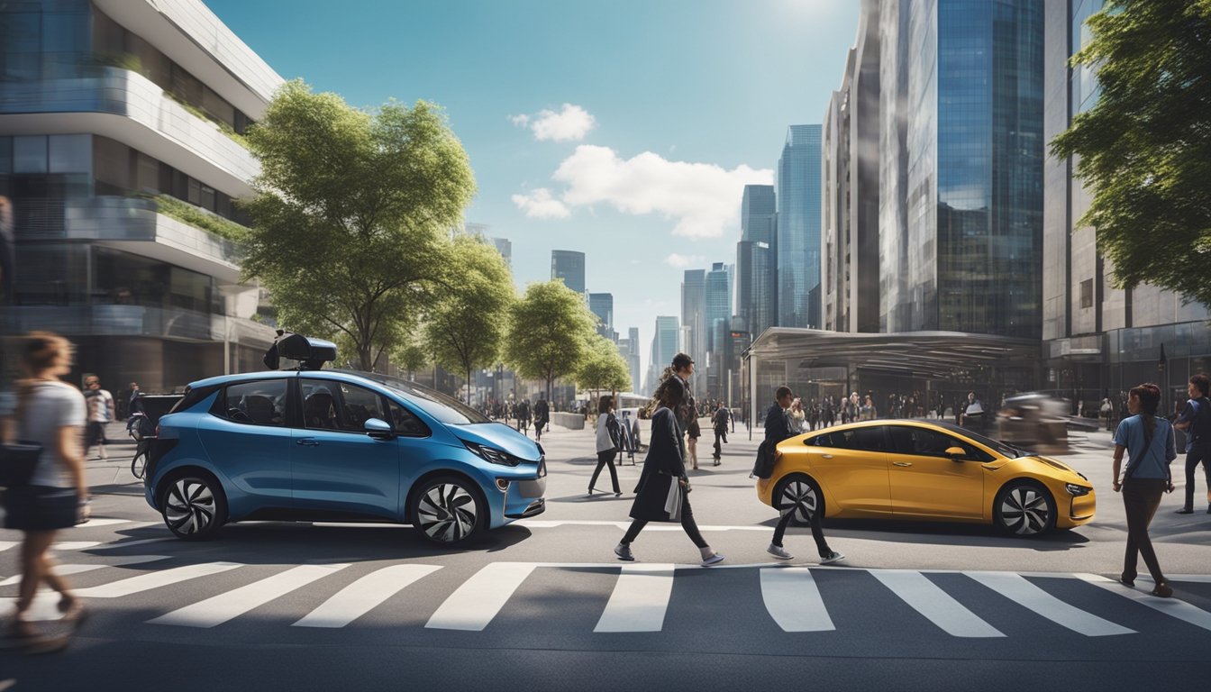 A bustling city street with electric cars, solar panels on buildings, and people using reusable bags and water bottles