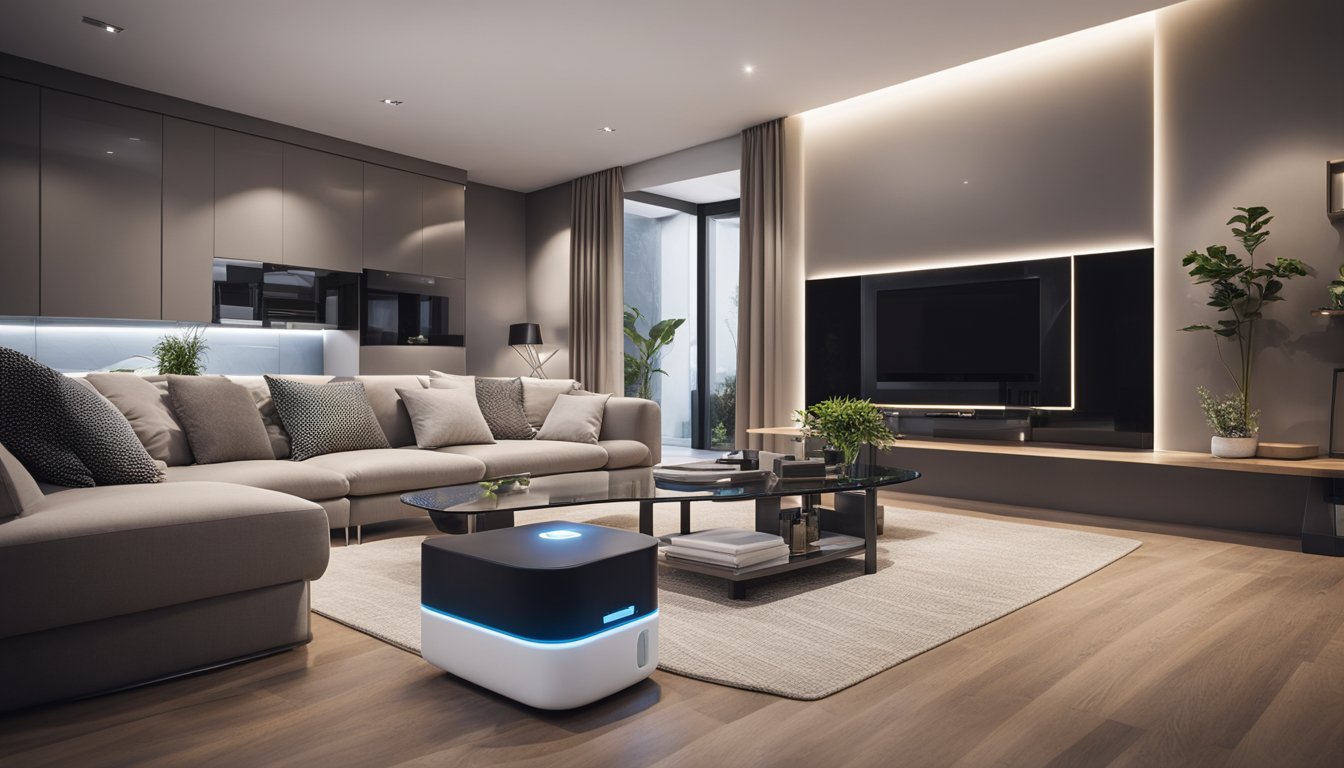 A modern home in the UK with smart devices connected to a 5G network, showing reduced energy consumption and efficient use of resources