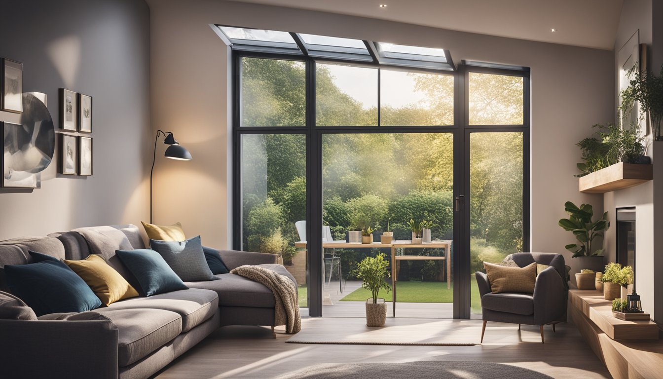 A cozy UK home with efficient insulation, double-glazed windows, and smart lighting. Renewable energy sources like solar panels and a compact, well-organized interior maximize space and minimize energy consumption