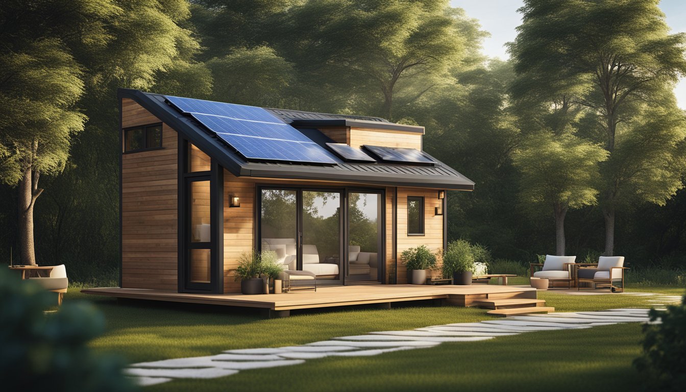 A cozy, modern tiny home nestled in a lush, green landscape. Solar panels adorn the roof, while large windows let in natural light