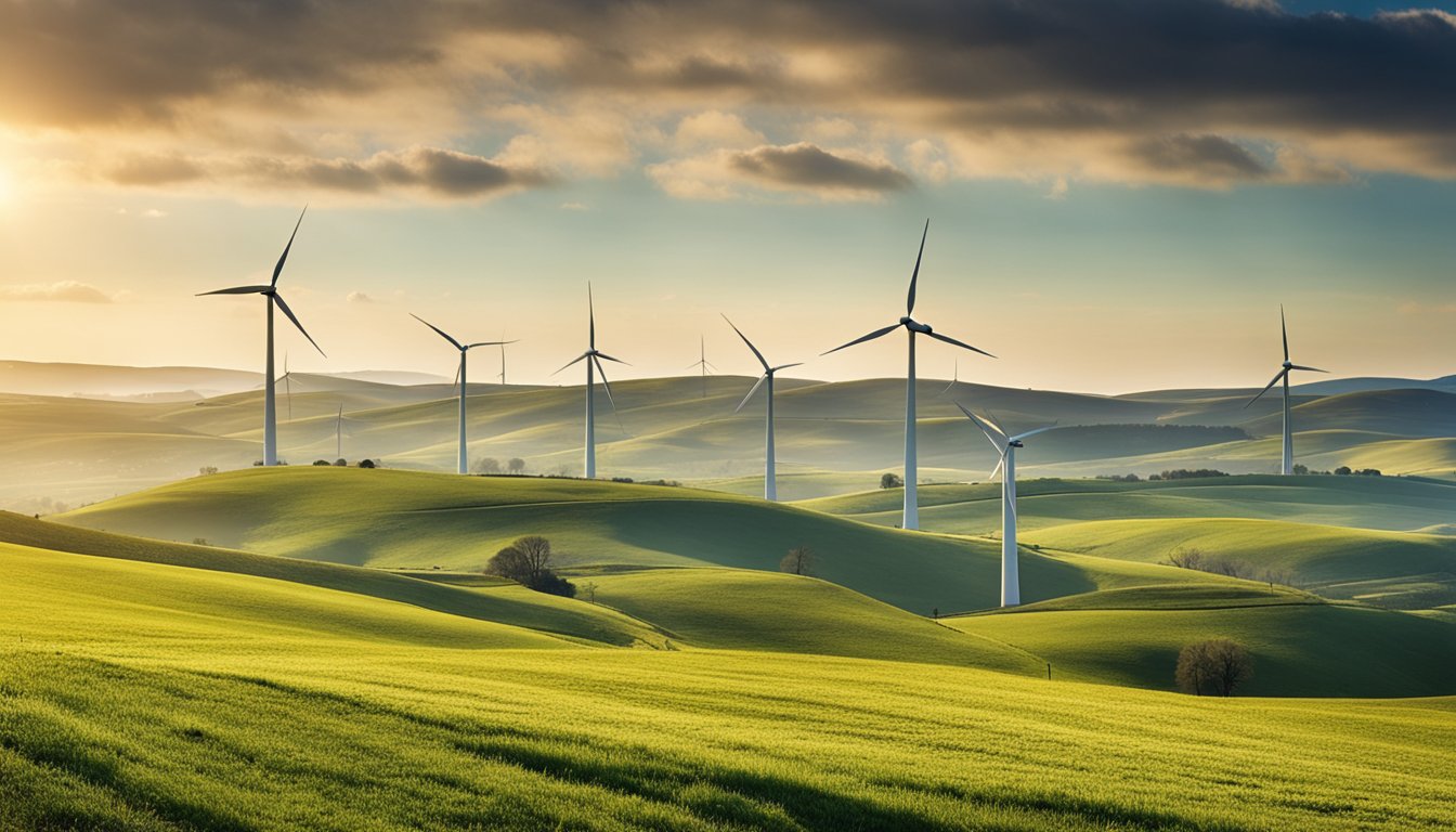 A picturesque landscape with rolling hills and fields dotted with large wind turbines, generating clean energy for the surrounding community