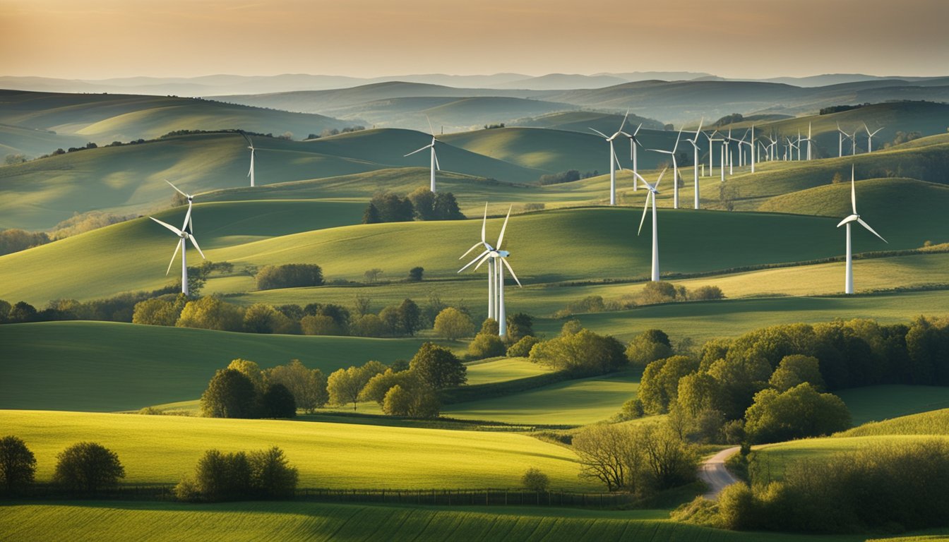 A rural landscape with rolling hills and a cluster of wind turbines towering over the countryside, generating clean energy for the surrounding community