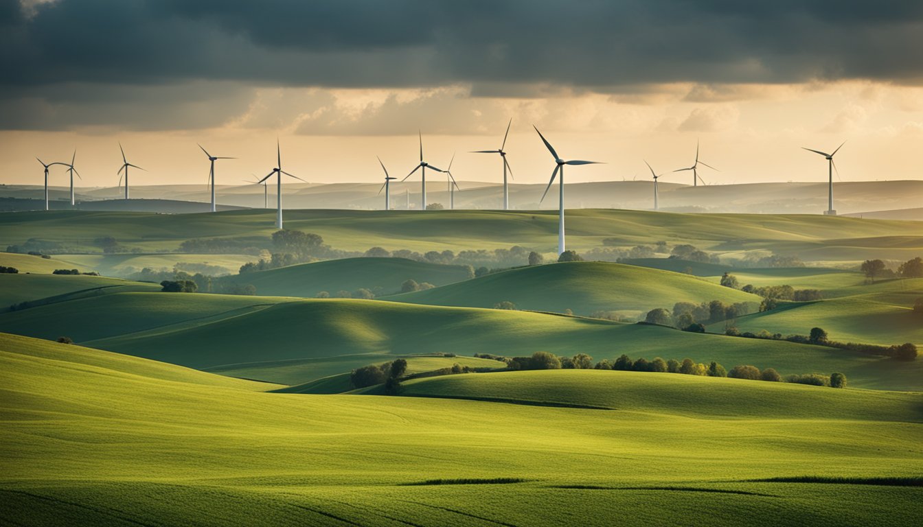 A rural landscape with rolling hills and wind turbines scattered across the fields under a cloudy sky