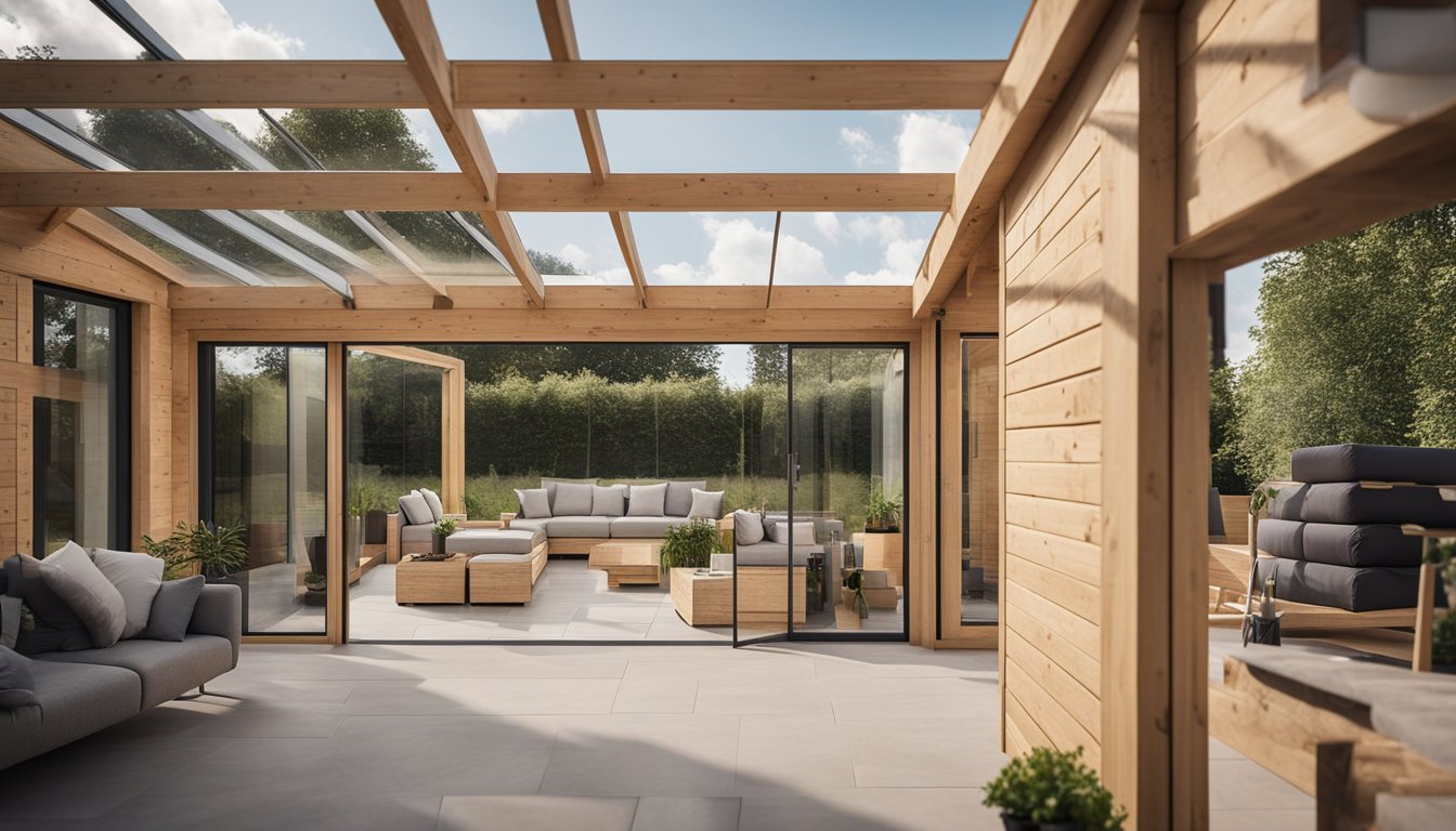 A modern UK home under construction using sustainable materials like timber, recycled steel, and eco-friendly insulation. Solar panels and rainwater collection systems are being installed