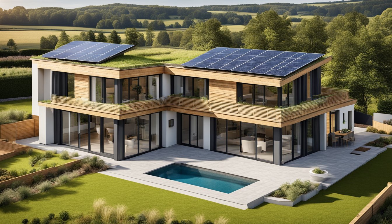 A modern UK home under construction, featuring eco-friendly materials like recycled wood, solar panels, and energy-efficient insulation