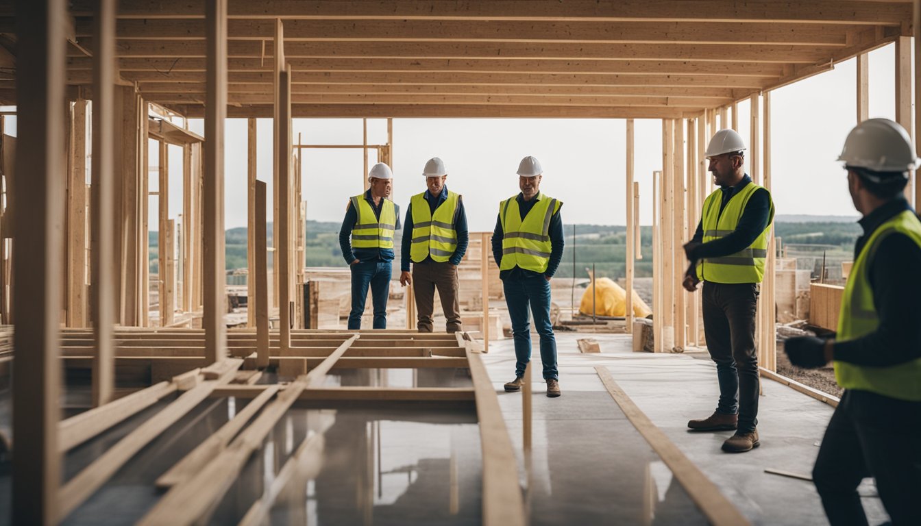 A modern UK home construction site with eco-friendly materials and workers following sustainability regulations