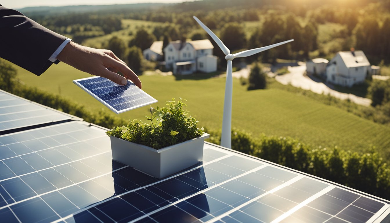 A sunny rooftop with solar panels, a wind turbine in a field, and a homeowner receiving a grant check from a government official