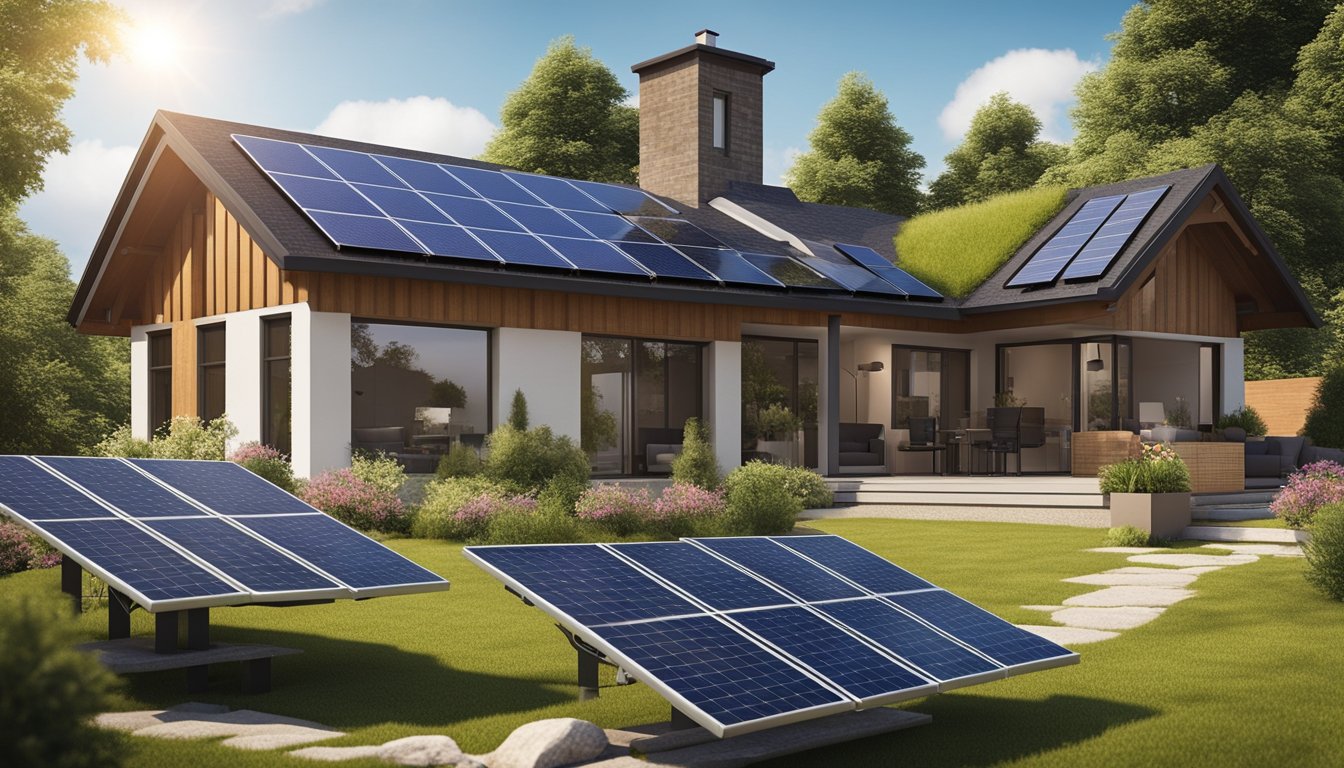 A cozy home with solar panels on the roof, a wind turbine in the yard, and energy-efficient appliances throughout